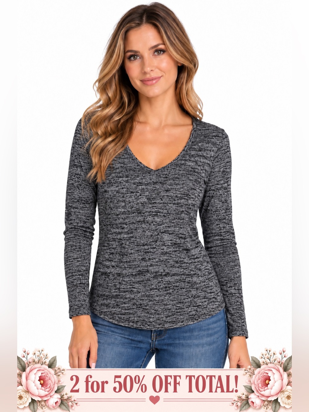 WHBM White House Black Market Marled V-Neck Long Sleeve Top – Size Large